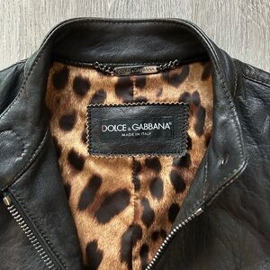 Dolce & Gabbana Black Leather Jacket with Leopard Print Lining